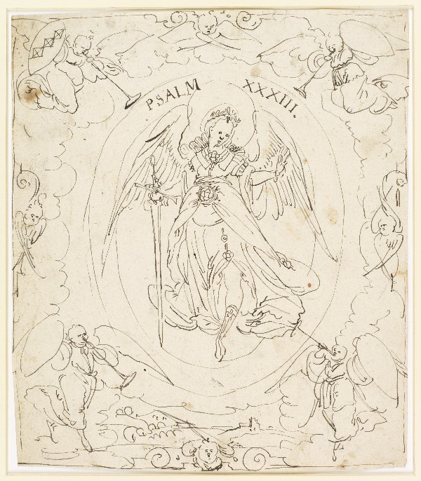 Scheibenriss mit Engel mit Schwert "Psalm XXIII" und vier Posaune blasende Engel, einer mit Wappen Peyer